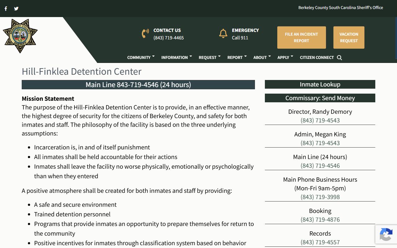 Berkeley County Sheriff's detention center information page for Hill-Finklea Detention Center